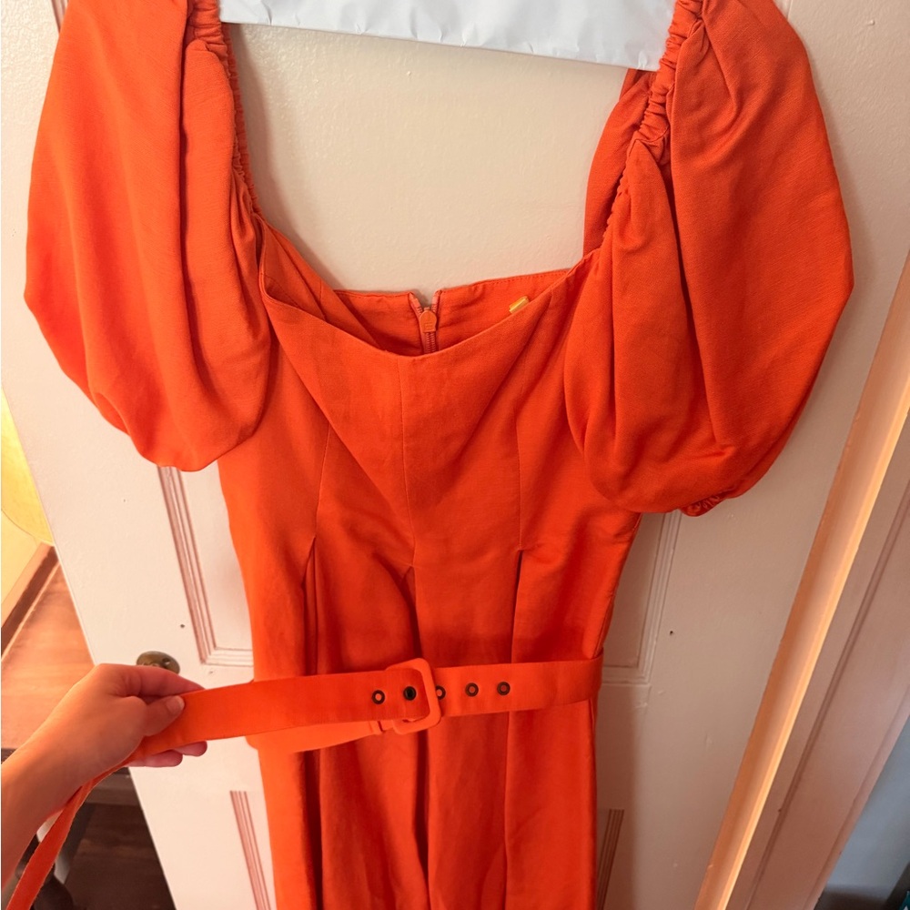 Shoshanna Orange Puff-Sleeve Midi Dress with Belt
